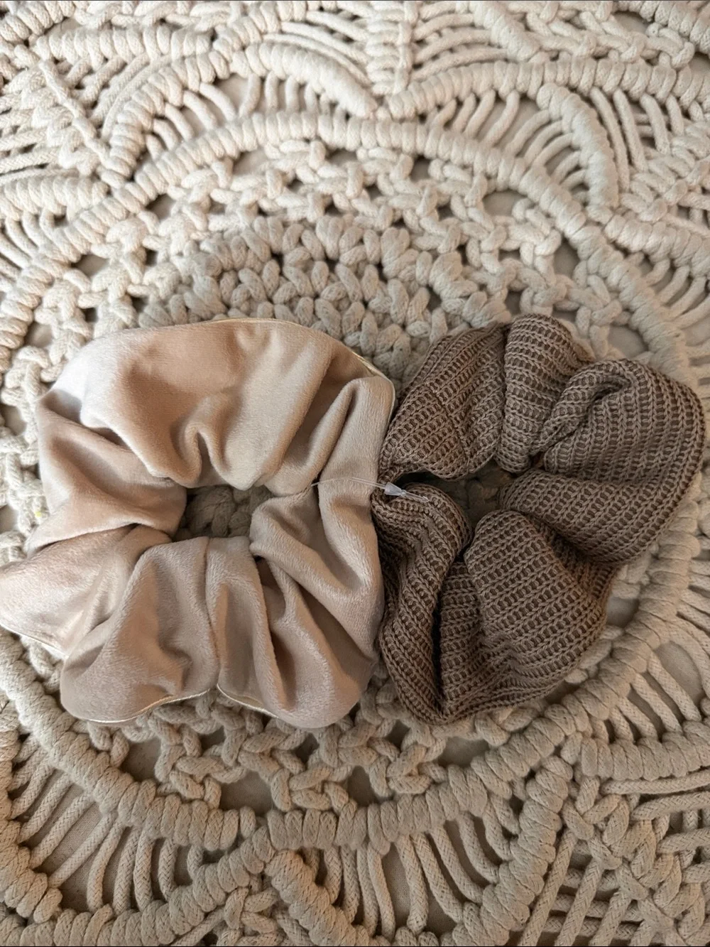 Neutral Satin and Knit Scrunchie Duo - Beige & Taupe